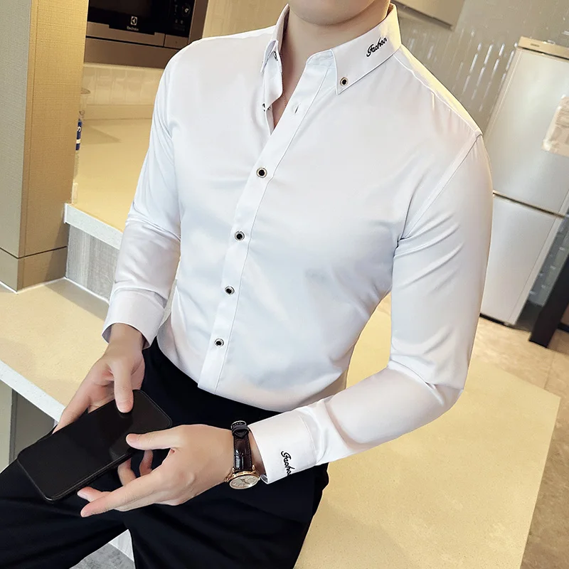 New Korean Neckline Embroidery Shirts Men Long Sleeve Business Slim Casual Shirts Formal Office Social Party Tops Men Clothing