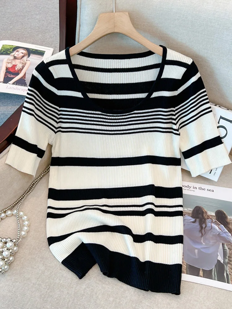 Summer Women\'s Stripe Sweater 2023 O-Neck short sleeve Knitted Casual Loose Thin T-shirt Large Size 4XL Female Pullover Mujer