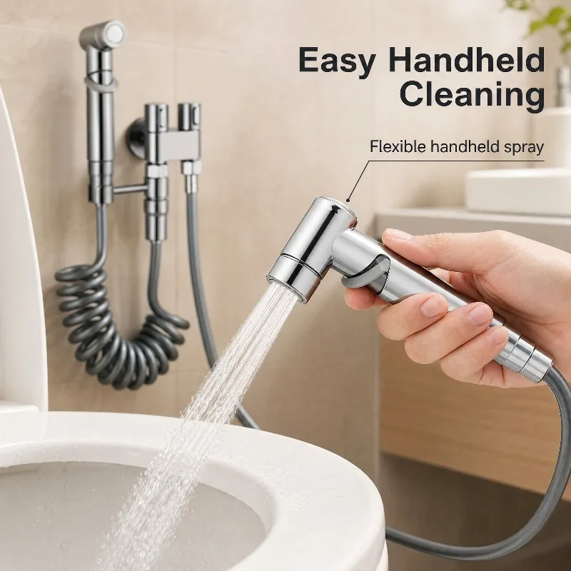 Dual‑Outlet Toilet Angle Valve Sprayer Set, High Pressure Bidet Spray Gun with Retractable Spring Hose for Bathroom Cleaning