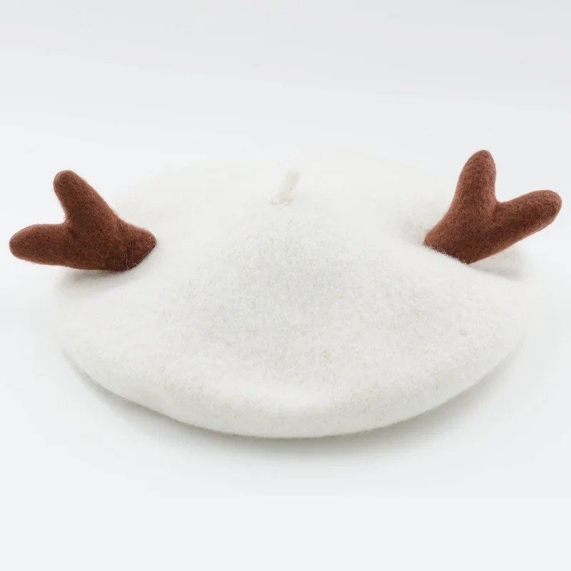 Women Wool Beret with lovely antlers for Christmas wear Knitted Beret Hat for girl