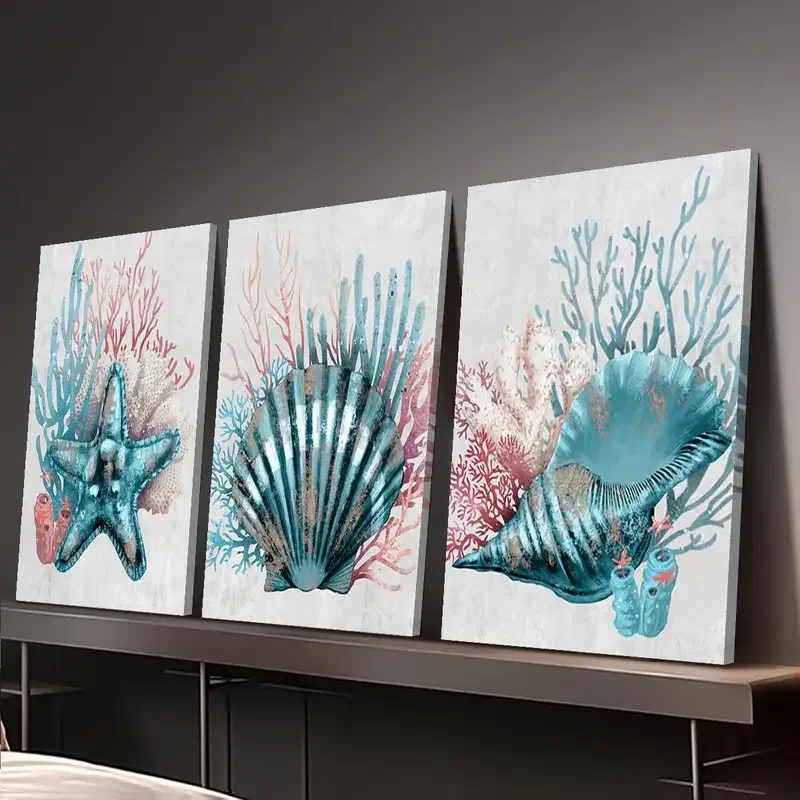 Watercolor Ocean Decoration Poster, Blue Conch Starfish Seashell Artwork, Indoor Home Wall Decor, Room Decoration,No Frame