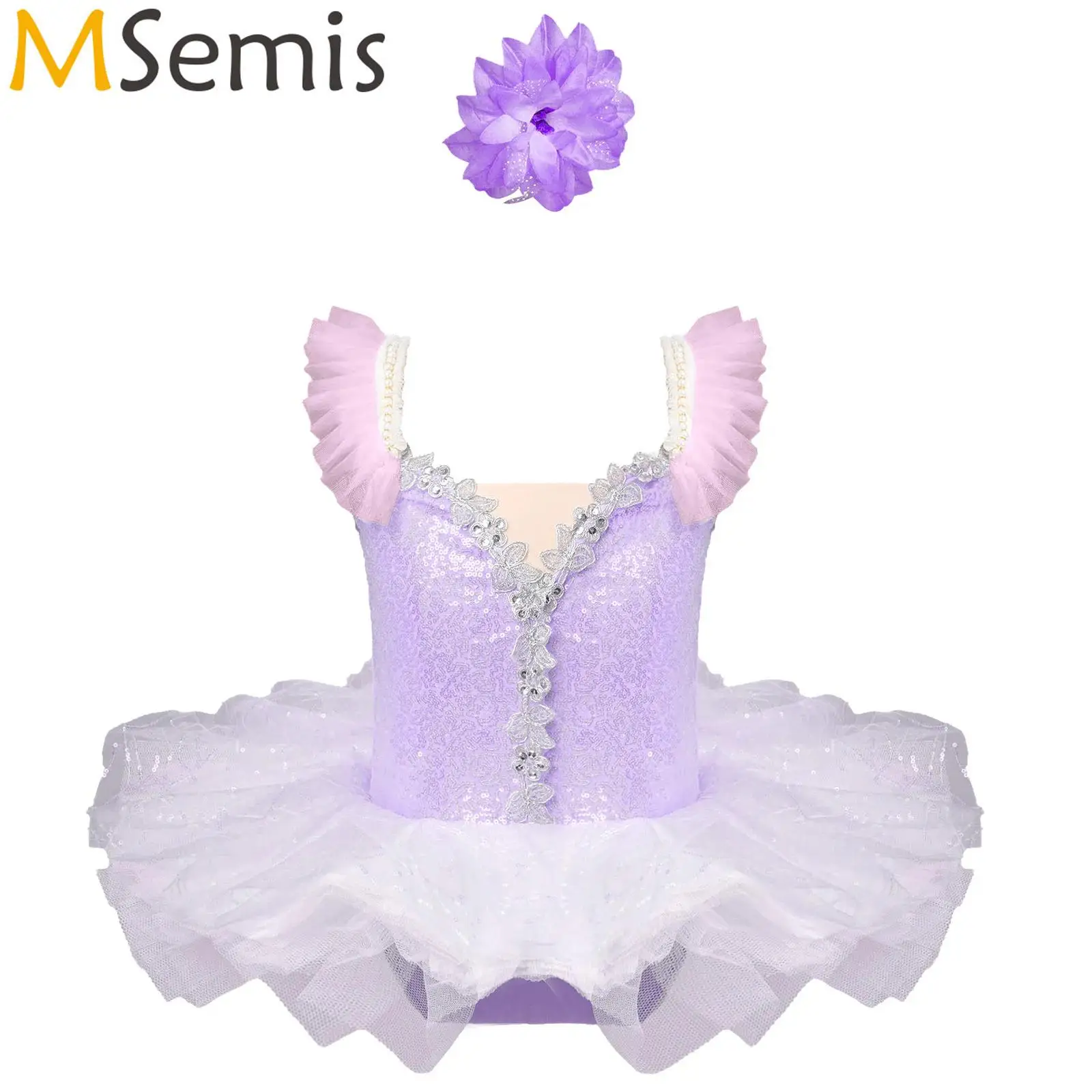 

Kids Girls Gymnastics Ballet Lyrical Swan Dance Dresses with Headwear Shiny Sequins Figure Skating Comtenporary Dance Costume