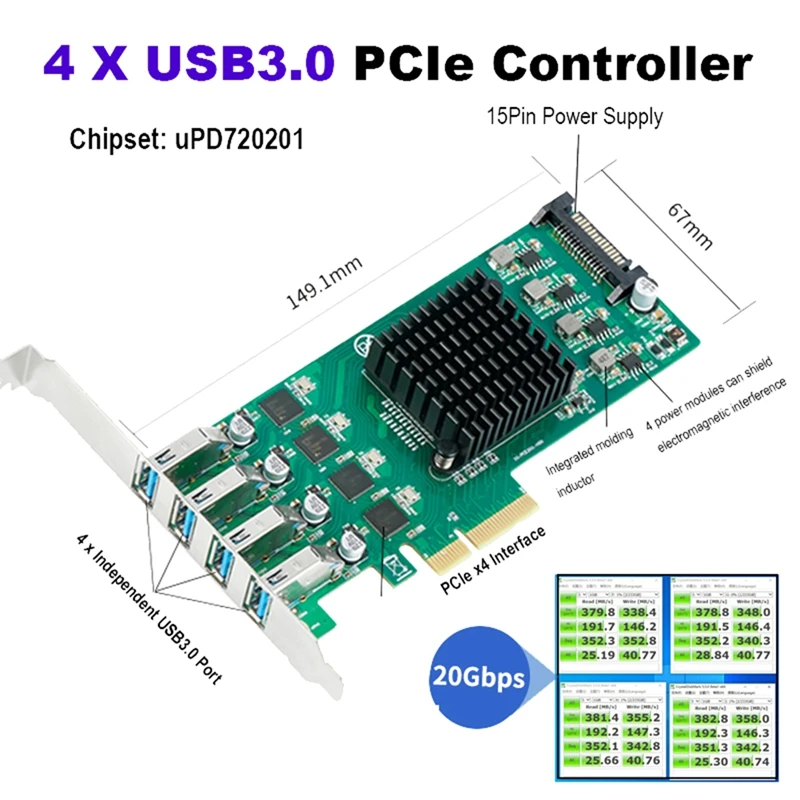 Top-PCIE To 4Ports 5Gbps Expansion Card For Windows Linux OS 4X Dedicated 5Gbps USB 3.0 Channel 20Gbps Banwidth