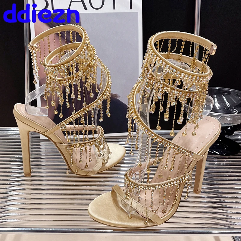 Fashion Rhinestones Peep Toe Ladies High Heels Crystal Shoes Women Thin Heels Golden Shoes Gladiator Sandals Female Footwear