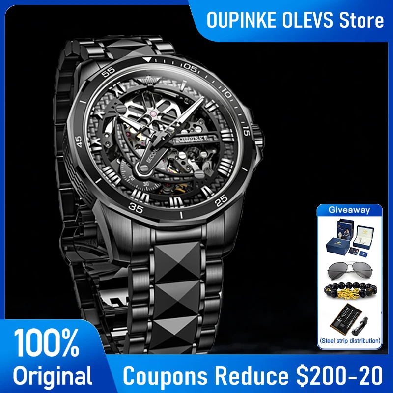 

OUPINKE 3178 Mens Watch Original Luxury 50M Waterproof Luminous Skeleton Automatic Mechanical Watch Watches ﻿Tungsten Steel