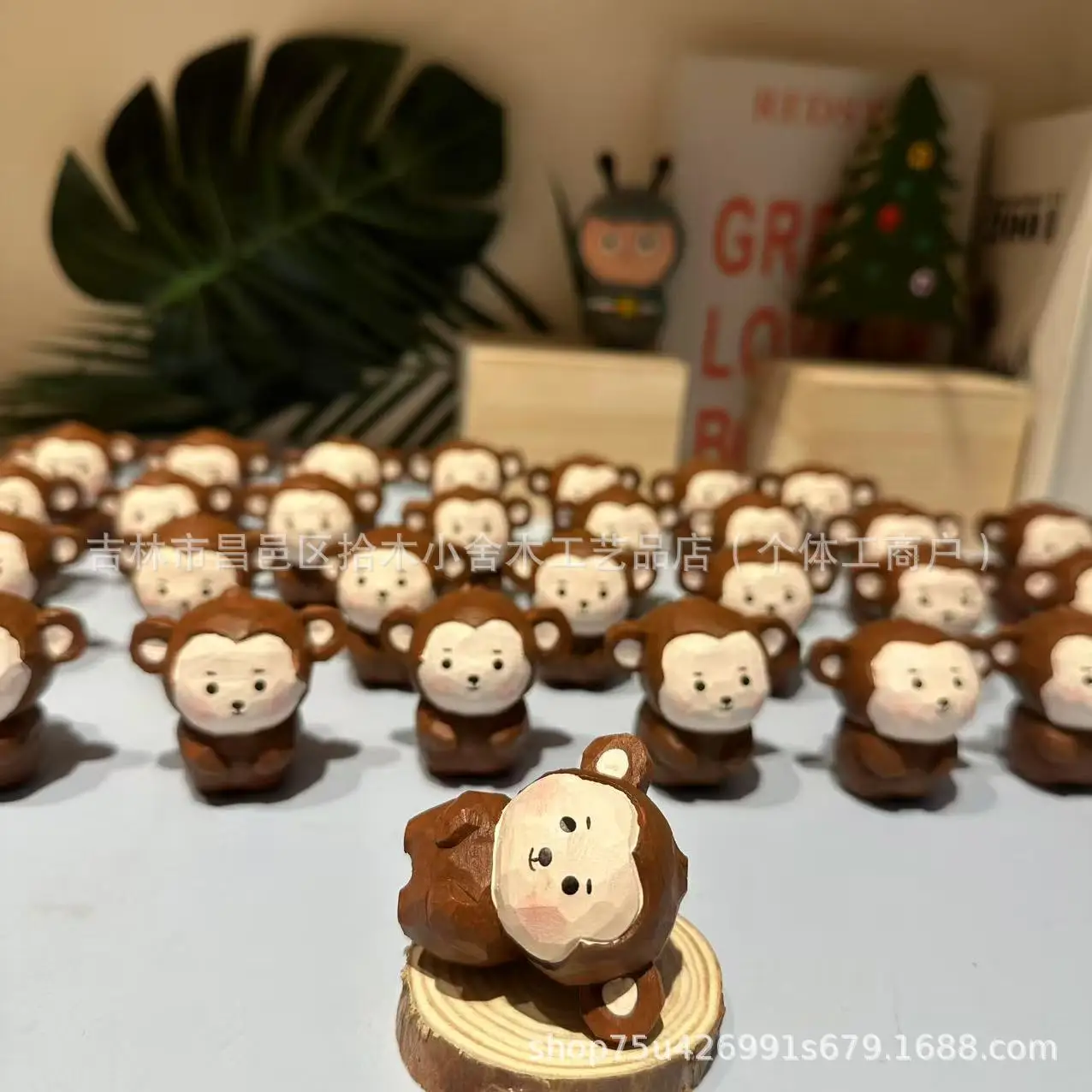 Little monkey cute cartoon ornament pendant pure handmade wood carving 2 pieces