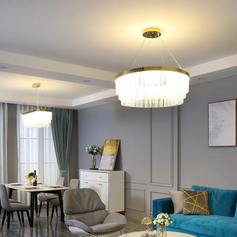 Dining Room Luxury Oval Glass Rod pendant Light led suspension Tri-color LED chandeliers Gold Bar Kitchen Lighting for home deco image 4