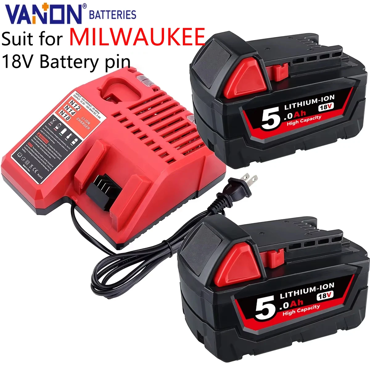 Vanon 2 упаковки аккумуляторов M18 5,0 Ач 18 В MAX и зарядного устройства M12-18C 48-11-2420 48-11-2411 ool Замена аккумулятора MIL-WAU-KEE