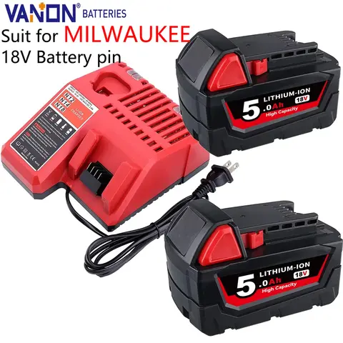 Vanon 2Pack M18 5.0Ah 18V MAX Batterij en M12-18C Lader 48-11-2420 48-11-2411 ool Batterij Vervangen voor MIL-WAU-KEE Batterij pin