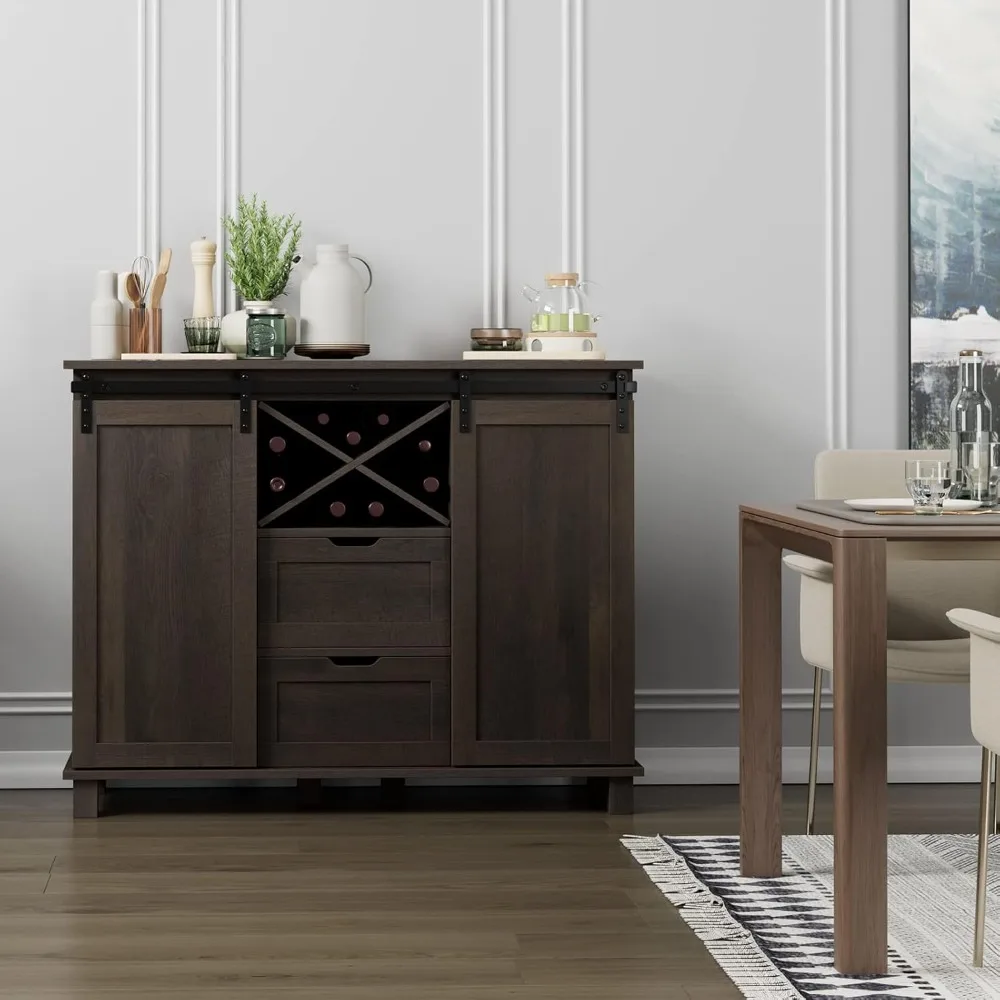 Aparador Buffet Farmhouse, Bar Cabinet with Storage,Wine Cabinet with Sliding Barn Doors,Accent Storage, Dark Brown