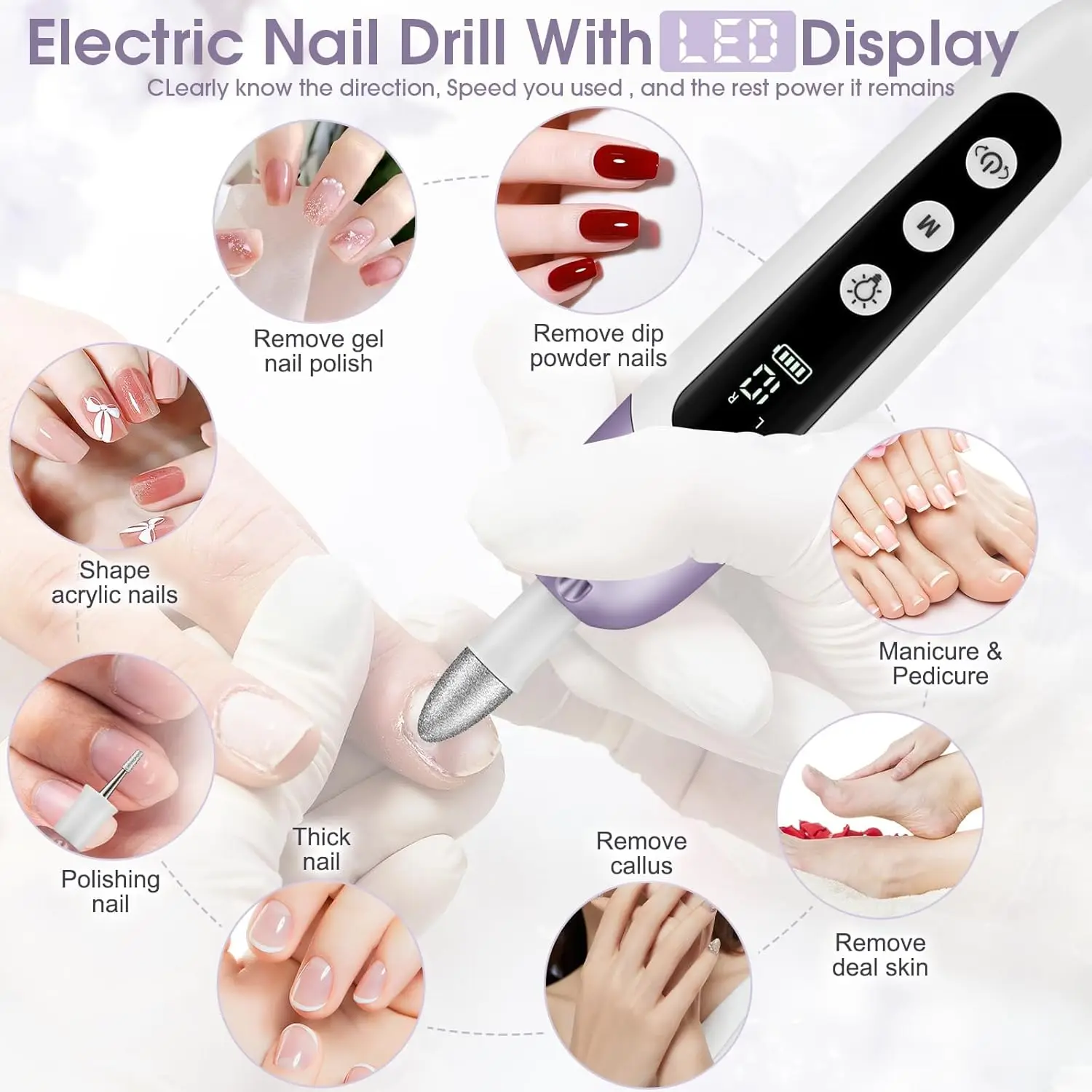 Kit de perceuse à ongles électrique professionnelle, ensemble de limes à ongles rechargeables portables à 10 vitesses pour ongles épais en Gel, cuticules, mains et pieds