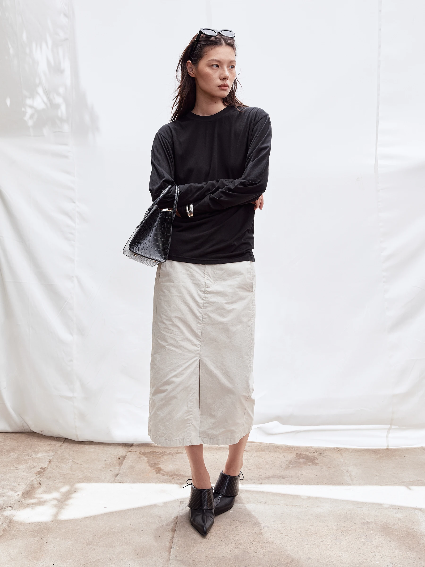 SHKUCO Classic Retro Cotton Linen Texture Low Waist Straight Leg Split Half Skirt Women's Fashion Spring Summer Autumn