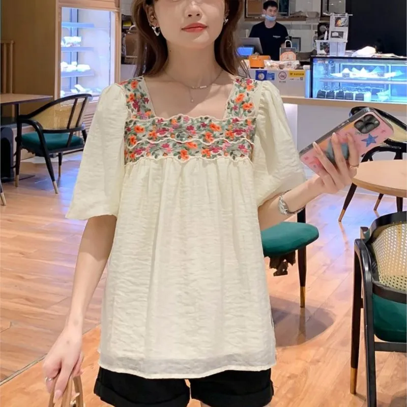 2025 Nuovo ricamato stile etnico allentato maternità Top camicia estiva in chiffon da donna incinta collo quadrato maternità Top LF020
