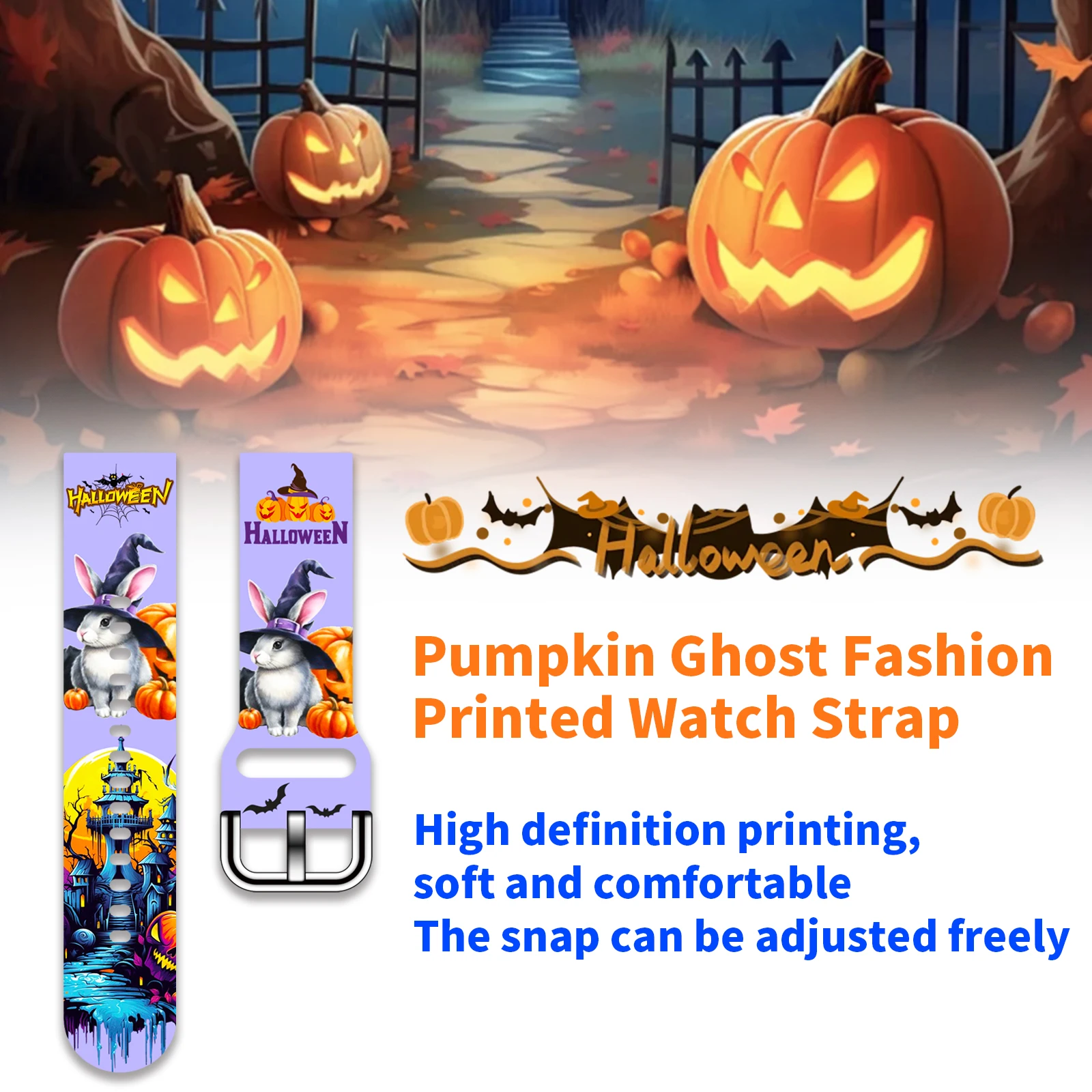 20mm Strap for Samsung Galaxy Watch 6/5 40mm 44mm with Halloween Pumpkin Ghost Printed Band for Amazfit Balance 5Pro Bracelet