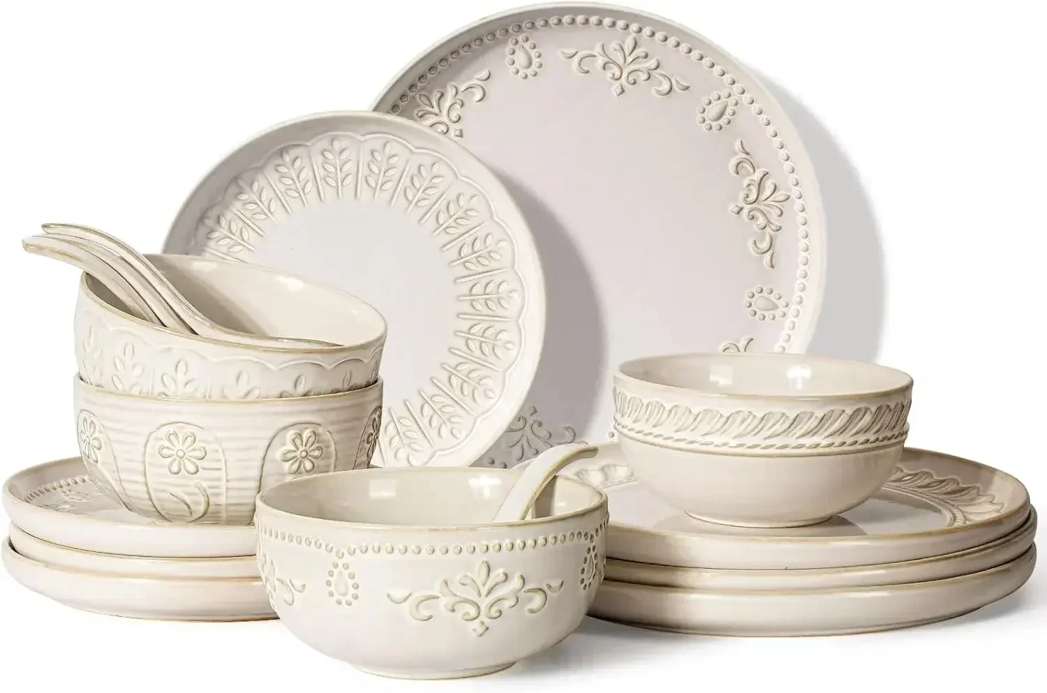 

ArtenaPlatesAndBowlsSets,16PiecesDinnerwareSets,DishSetFor4,CeramicKitchenBowlAndPlateSet,EmbossedWhiteDishwareSets,Dishwasher&M