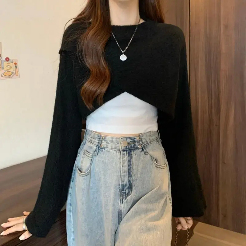 Женский свитер крест-накрест, укороченный пуловер, свободный вязаный джемпер с перекрестной передней частью, трикотаж для девочек-подростков, осенне-зимний элегантный наряд