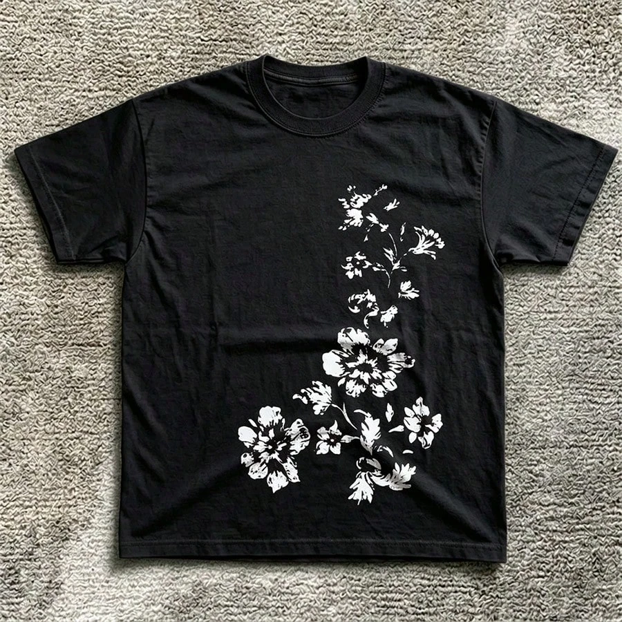 Summer Women's Vintage Ink‑Wash Botanical Flower  T-shirt Cotton and Breathable Short Sleeve Streetwear Oversized Loose Casual