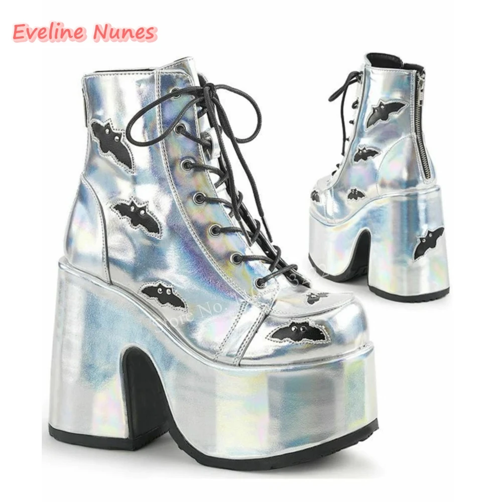 New Silver Platform Cross Strap Mid-calf Boots Women\'s Round Toe Chunky High Heel Fashion Party Plus Size Punk Custom Shoes