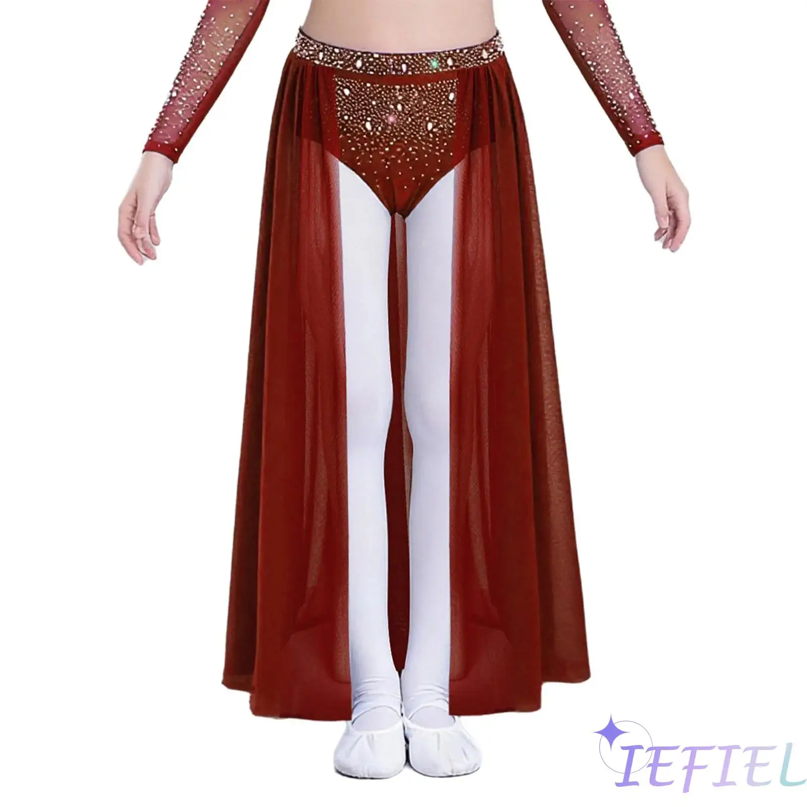 

Kids Girls Lyrical Modern Dance Costume Shiny Rhinestones Open Front Flowy Sheer Mesh Skirt Jazz Ballet Competition Dance Skirt