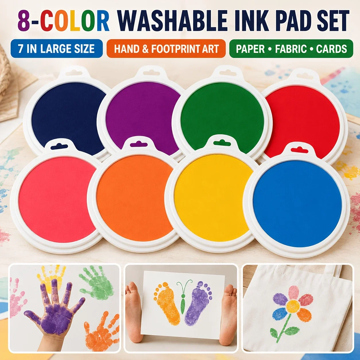 6/8Colors Washable Ink Pads, Large Round Handprint & Footprint Pad, Suitable for Handprint and Footprint Paper,Fabric,and Making