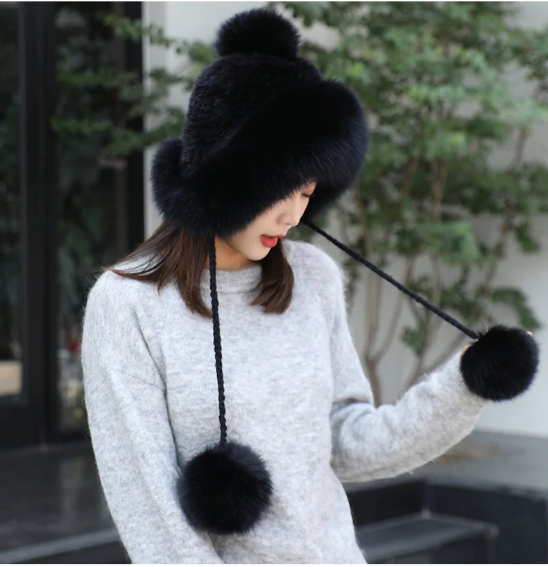Echte Nerz Pelzmütze mit Fuchs Pelz Ball Ohren schützer Schutzkappe Winter mütze für Frauen russische Herbst mütze Fuchs Pelz Mützen fallen Haube – Detail 10