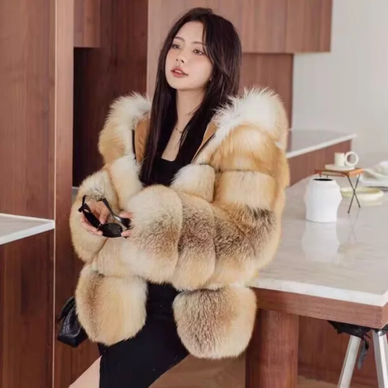 Autumn and Winter Warm and Fashionable Women\'s New Medium and Long Imported Golden Island Fox Hooded Fox Fur Coat