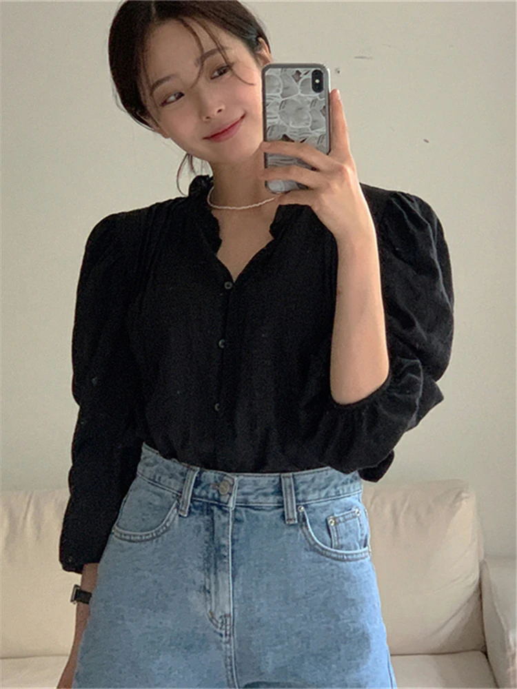 BL3619 New 2023 Korean Fashion Sweet Puff Sleeve Office Wild Oversized Women Blouses Shirts Spring Vintage Elegant Lady Tops