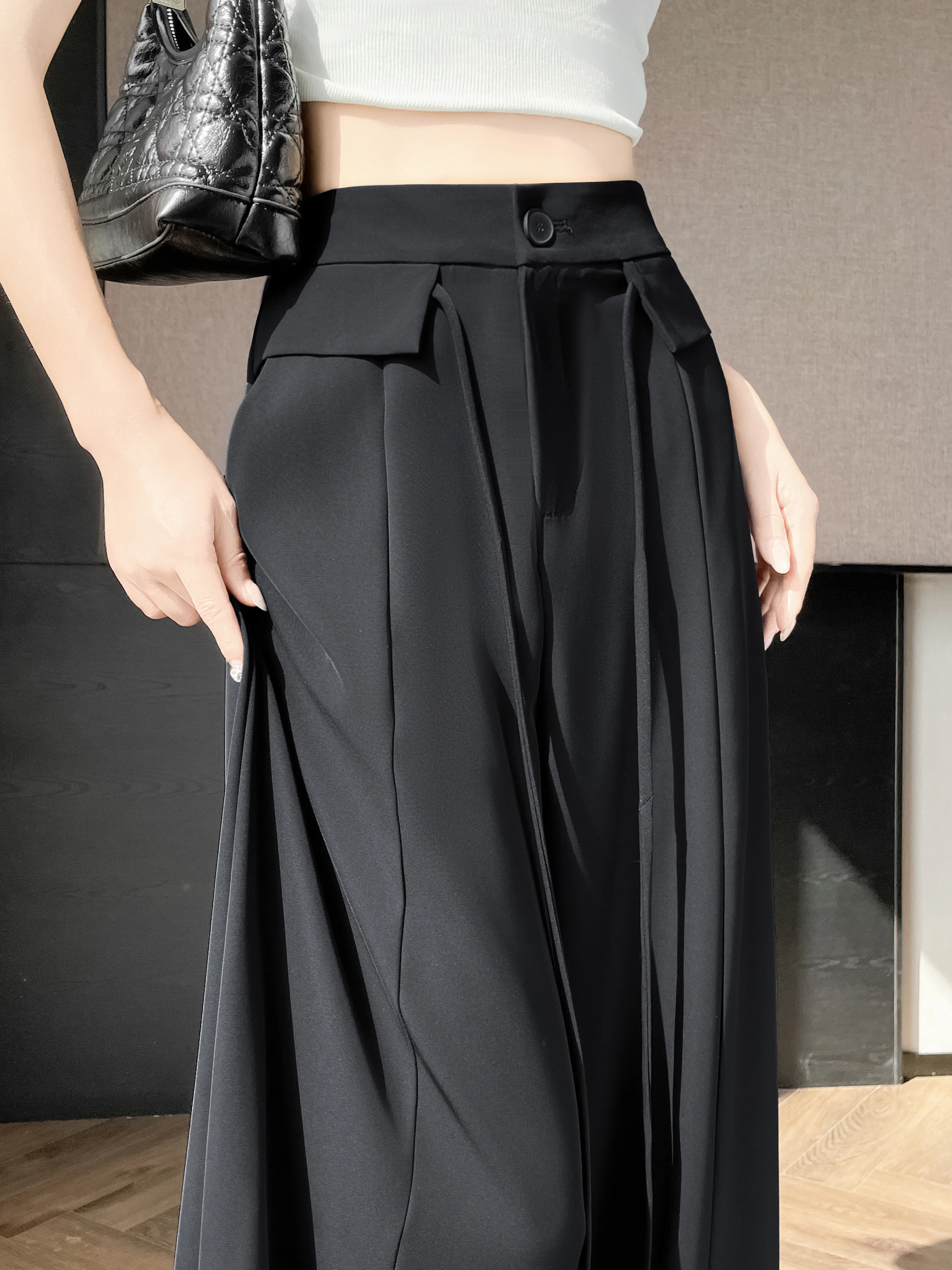 

Elegant Black Knife Suit Pants Women Summer Thin Loose Slim Straight Drapey Ice Silk Wide Leg Pants High Waist Button Cl...