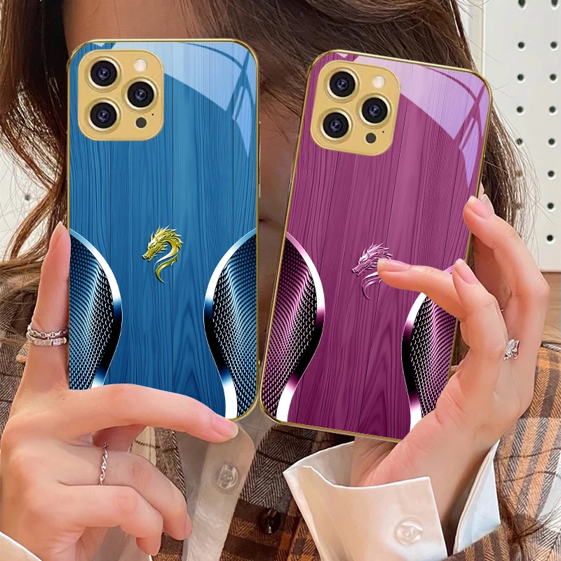

Golden Dragon Head For IPhone 16 16Pro Max 15 P ro 14 13 Plus 12 Mini 11Pro Max XS Max XR Golden tempered glass phone case