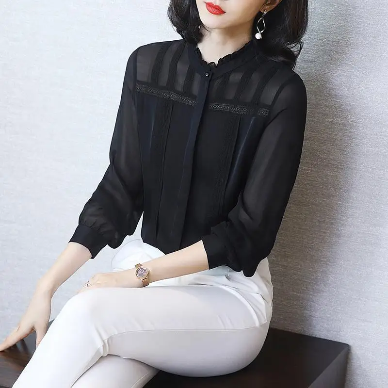 Elegant Solid Color Button Spliced Gauze Ruffled Neck Blouse Women Clothing 2022 Autumn New Loose Casual Tops Office Lady Shirt