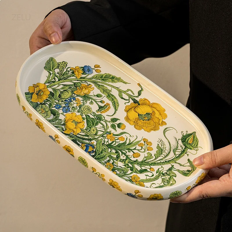 

Vintage Floral Underglaze Ceramic Salad Bowl Deep Plate Dinner Dish High Appearance Premium Home Tableware Kitchen Gift Set