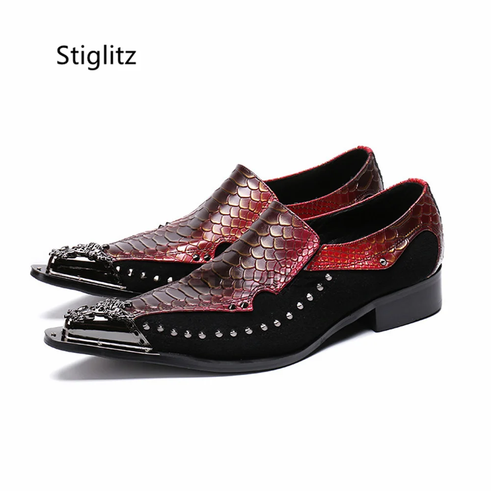 Rivets Snake Pattern Metal Pointed Men's Shoes Fashion Genuine Cow Leather Business Dress Shoes Handmade Patchwork Party Shoes