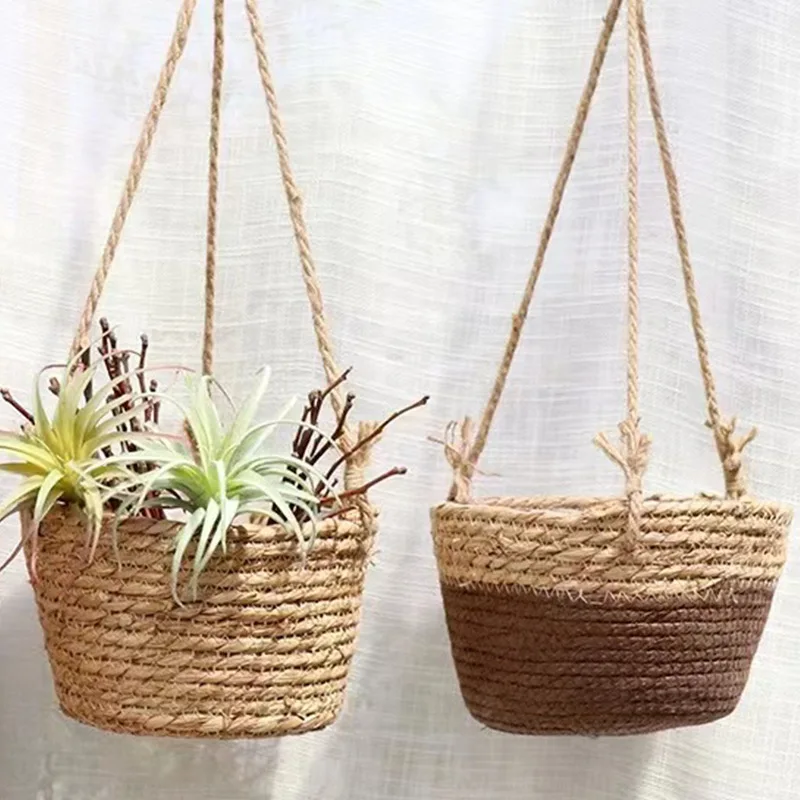 Woven Grass Flower Pot Hanging Basket Home Decor Wall Mounted Creative Short Sleeve T-Shirt Women's Fashion Summer Wear