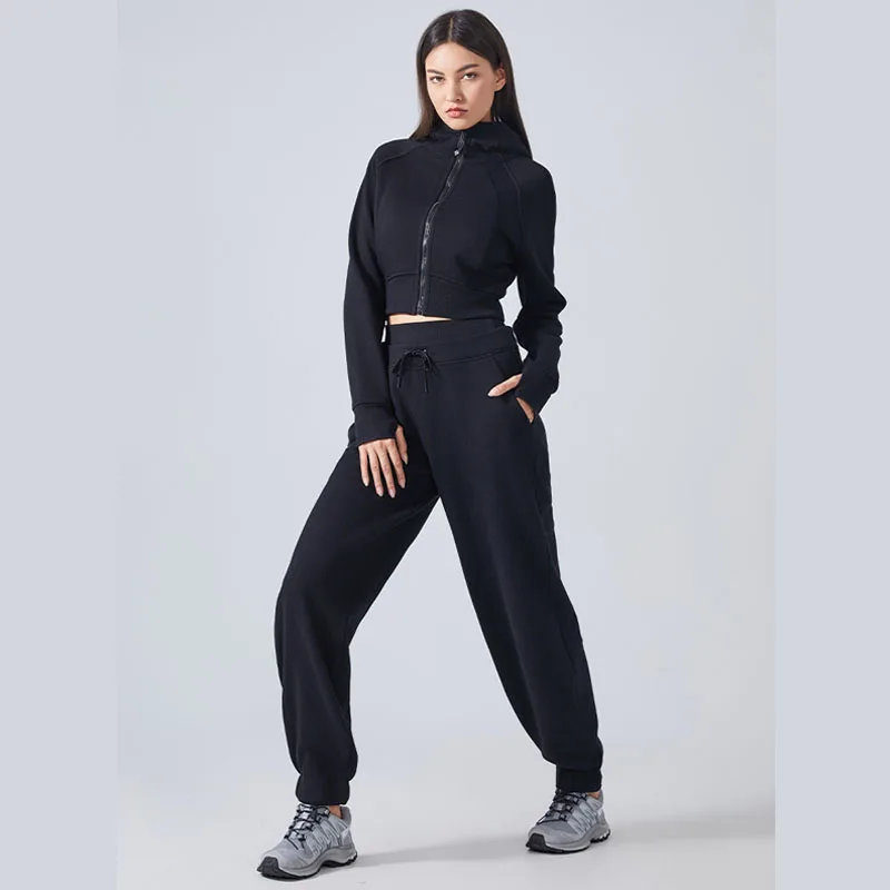 New Women's Slim Fit Casual Zipper Hooded Cardigan High Waisted Drawstring Ankle Binding Running Fitness Sweatshirt Set