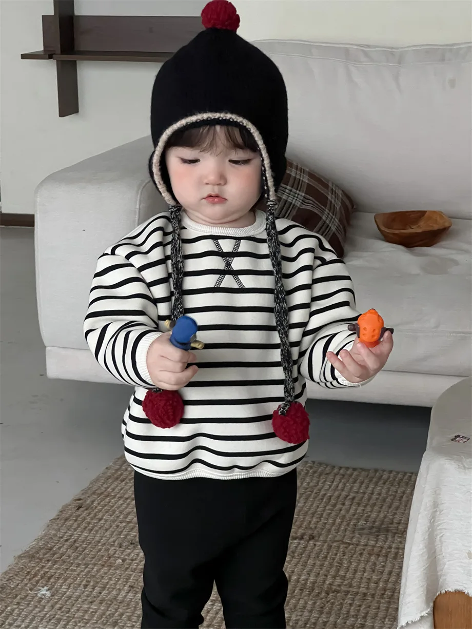 2025 Winter New Baby Fleece Striped Sweatshirt + Leggings 2pcs Suit Infant Plus Velvet Thick Clothes Set Boys Girls Warm Outfits