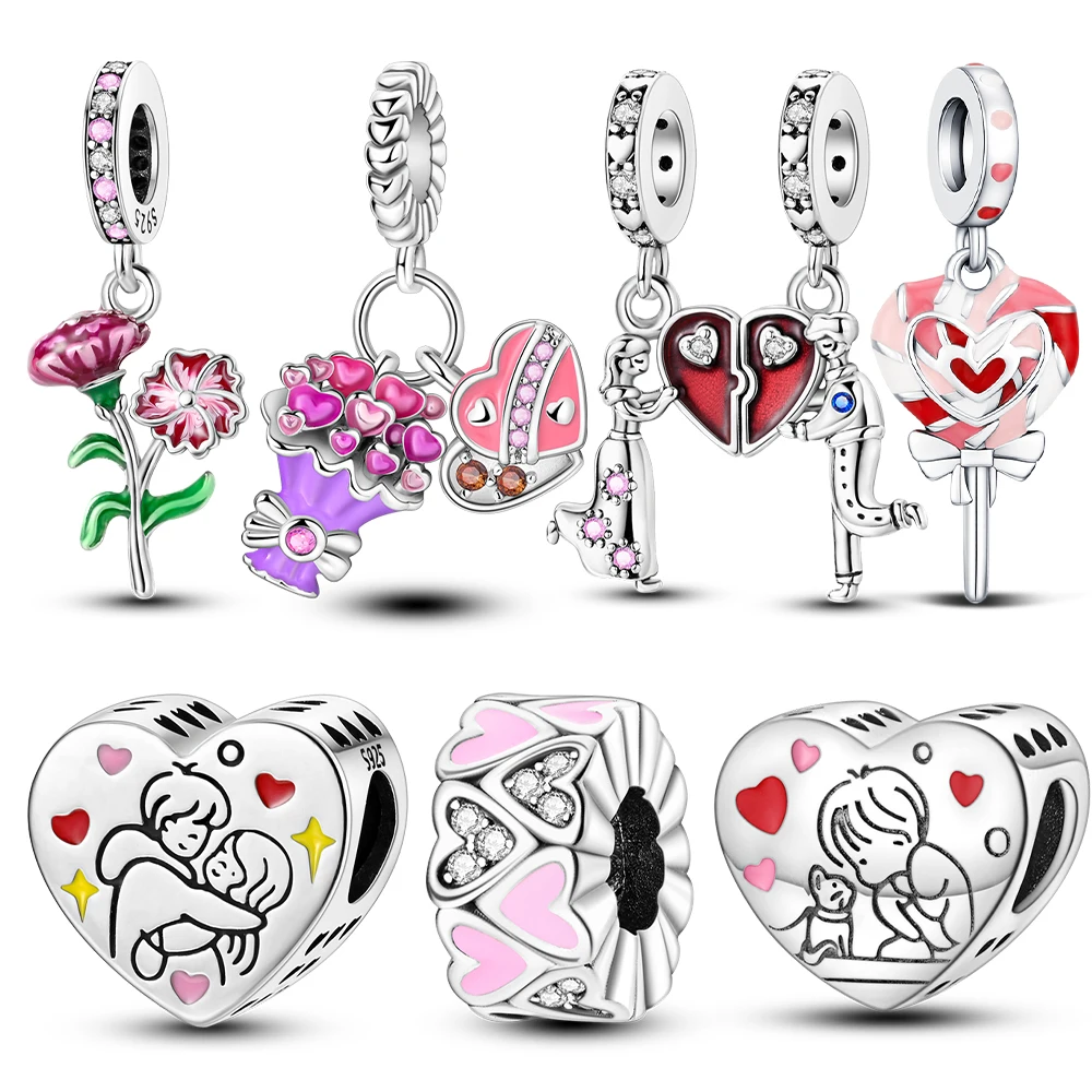 

Подвески из стерлингового серебра 925 пробы с изображением любви и семьи, розовые цветочные бусины в форме сердца, подходят для оригинальных браслетов, романтические ювелирные изделия, подарки для женщин