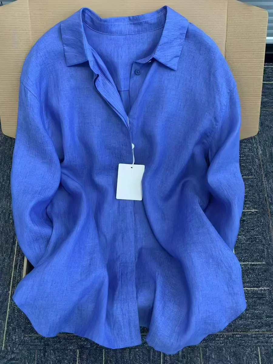 Women Linen Shirt Casual Loose Long Sleeve Thin Summer Top Pure Color Turn Down Collar French Style Sunscreen Clothing