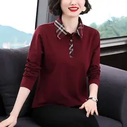 Cotton Bottoming Shirt Ladies Long Sleeve Autumn Winter Polo-Neck Ladies Oversized Simplicity Patchwork Plaid Pullovers Top Tee