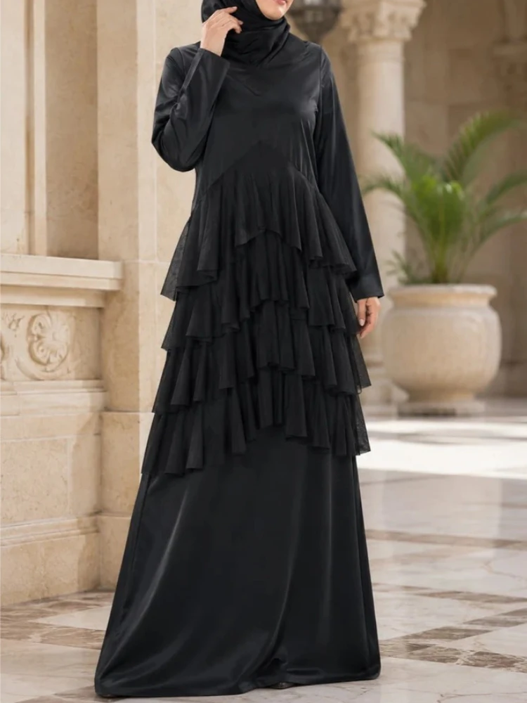 Customized Elegant Black High‑Neck Multi‑Layer Ruffle Mesh Long‑Sleeves Floor‑length Dress 2026 New Women Formal Evening Dresses