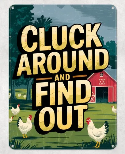 CLUCK AROUND AND FIND OUT METAL POSTER WALL TIN SIGN MAN CAVE SHED HOME PLAQUE --Tin Sign