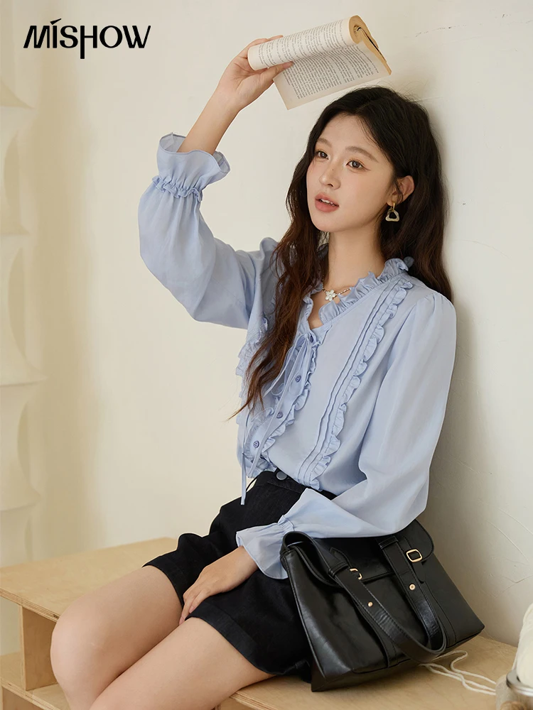 MISHOW 100% Lyocell Kemeja Wanita Biru 2025 Musim Gugur Ruffle Prancis Lengan Panjang Ikat Pinggang Blus Kantor Wanita Elegan Atasan MXE45X2484