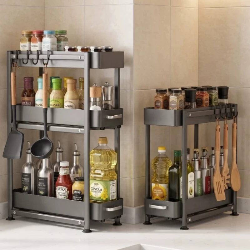 Narrow Countertop Kitchen Organizer Sliding Drawer Seasoning Storage Rack 2 Tier Storage Racks Multipurpose Holder for Kitchen