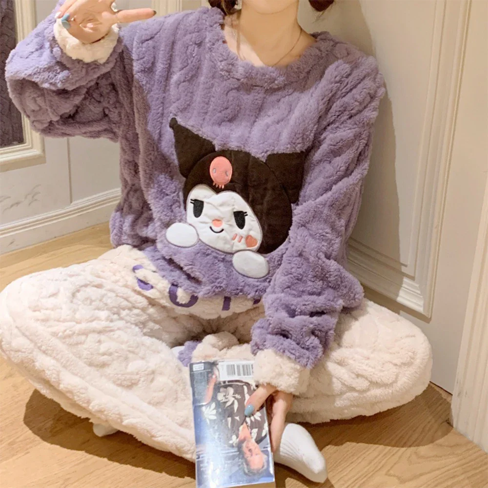 

Cartoon 2Pcs Kuromi Women Pajamas Set Sanrioed Kawaii Anime Plush Homewear Winter Thickened Coral Fleece Cute Girls Keep Warm