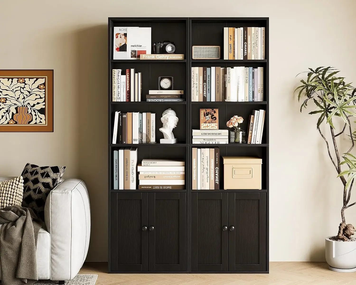 6-Tier Bookshelf with Doors, Tall Bookcase, Black 2 Pack | Floor Standing Design, Display Storage Shelves, Cabinet Storage, Home