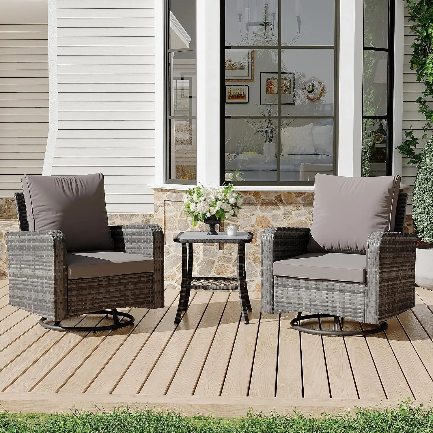 3-Piece Swivel Wicker Patio Bistro Set with Side Table, All Weather Outdoor Furniture for Balcony Porch Deck, Grey, Customized