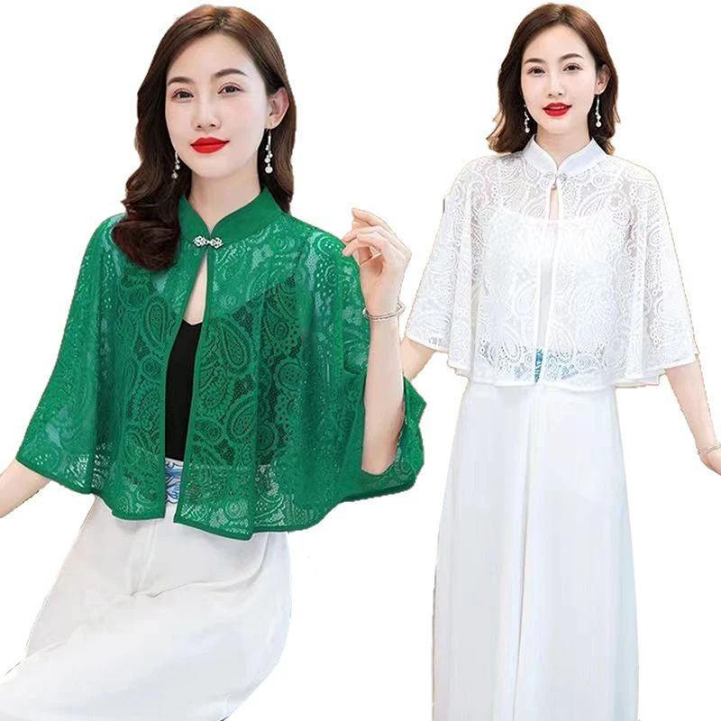 Spring Summer Shawl Coat Thin Scarf Long Sleeve Lace Temperament Cardigan Outwear Shoulder False Collar Out All-match Ponchos view 6