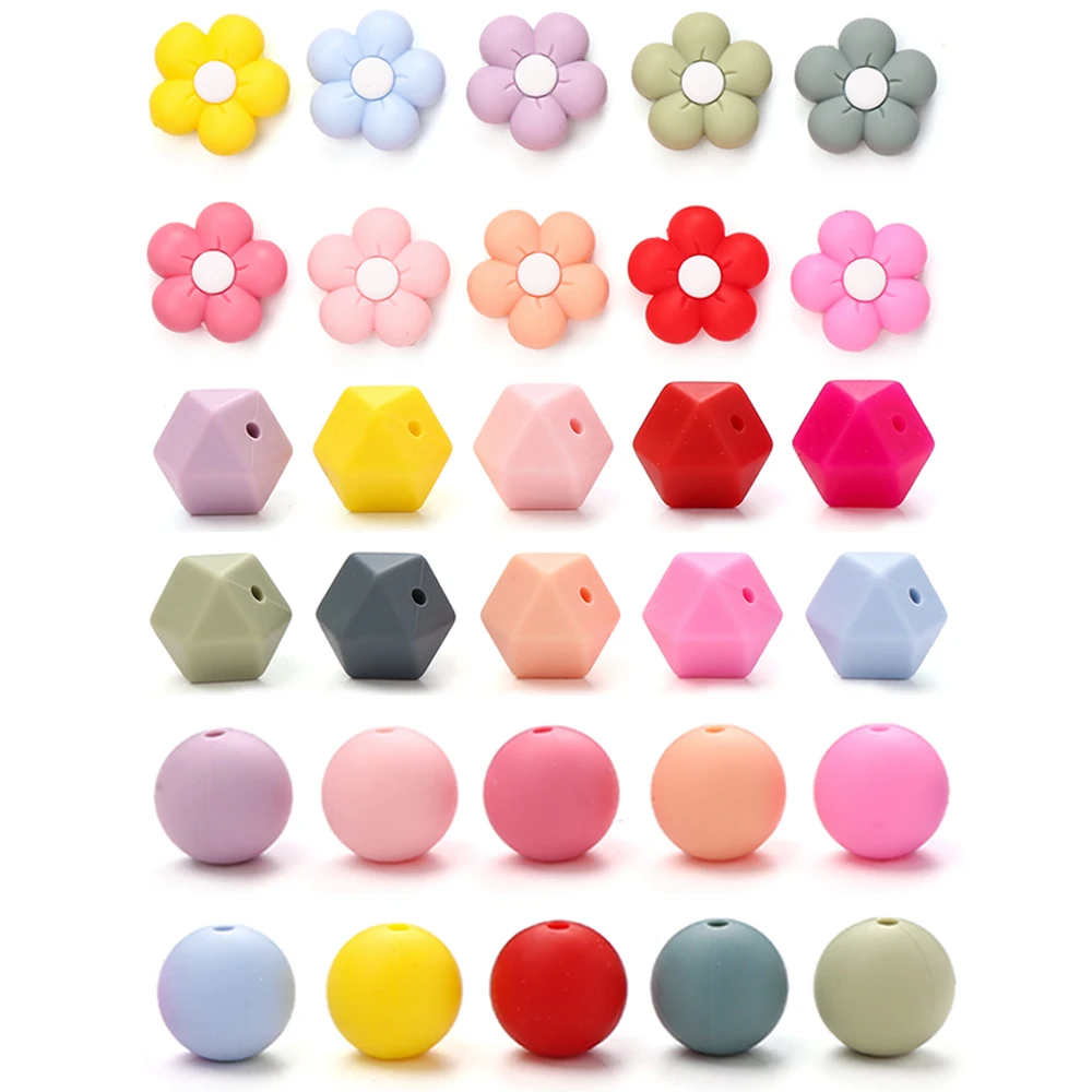 70Pcs Flower Shape Silicone Beads Spacing Round Octagonal Loose Beads Set Diy Necklace Bracelet Jewelry Accessories for Making