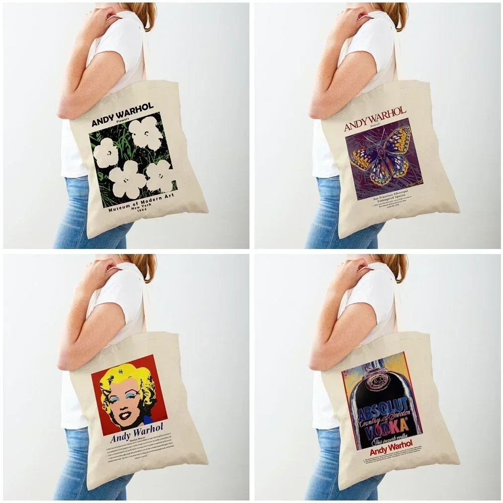 TB14 Vintage Art Andy Warhol Shoulder Shopper Bag Abstract Women Shopping Bags Double Print Casual Lady Canvas