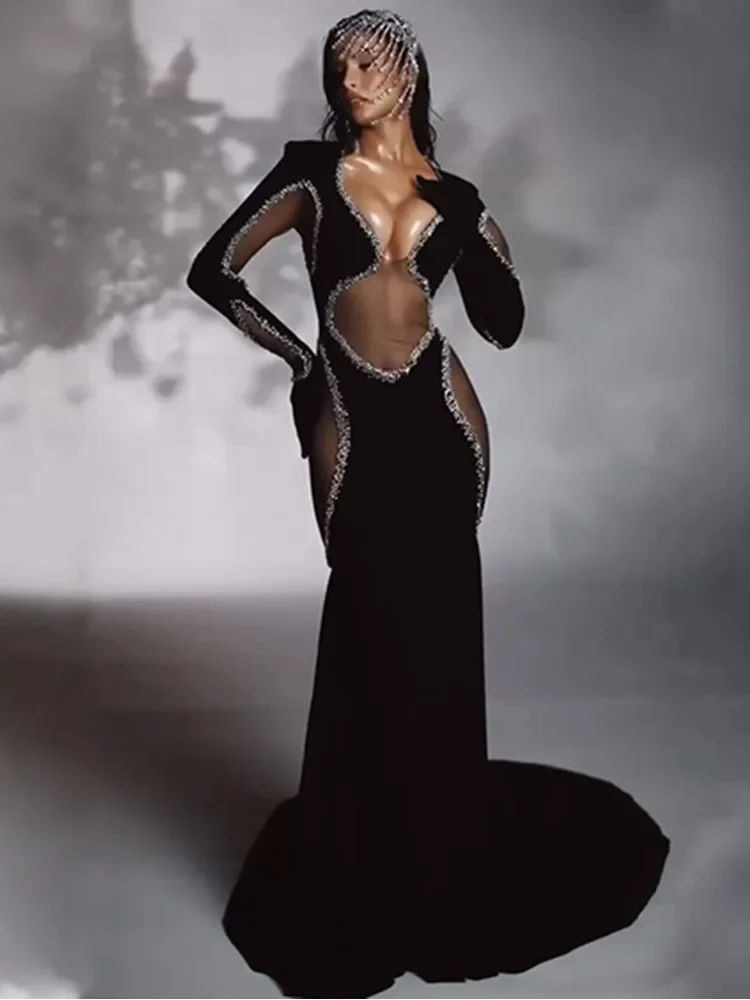 

GPBD Women Celebrity Sexy Long Sleeve Diamonds Crystal Black Maxi Long Bodycon Bandage Dress 2025 Elegant Evening Club Party