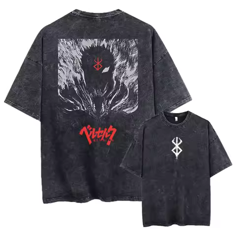 Anime Berserk Guts Acid Tshirt Retro Vintage Washed Graphic Tees Women Harajuku Cotton Casual Short Sleeve Men Tops Unisex